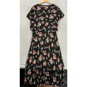 Vintage Carol Anderson Dress Womens 14 Rayon Black Floral Long Sleeve Maxi Lined